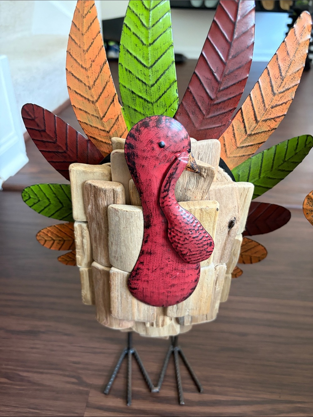 Handcrafted Holiday Turkey Décor - Red & Multicolor Feathers - Picture 1 of 4